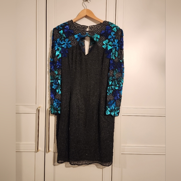 COPY - Vintage Rare Find Sequins and Beaded Black Dress with Beautiful Blue Seq… - Picture 3 of 11